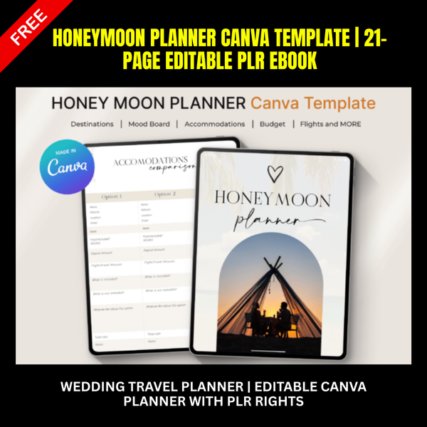 Honeymoon Planner Canva Template | 21-Page Wedding Travel Planner | Editable Canva Planner with PLR Rights