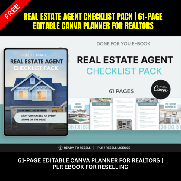 Real Estate Agent Checklist Pack | 61-Page Editable Canva Planner for Realtors | PLR eBook