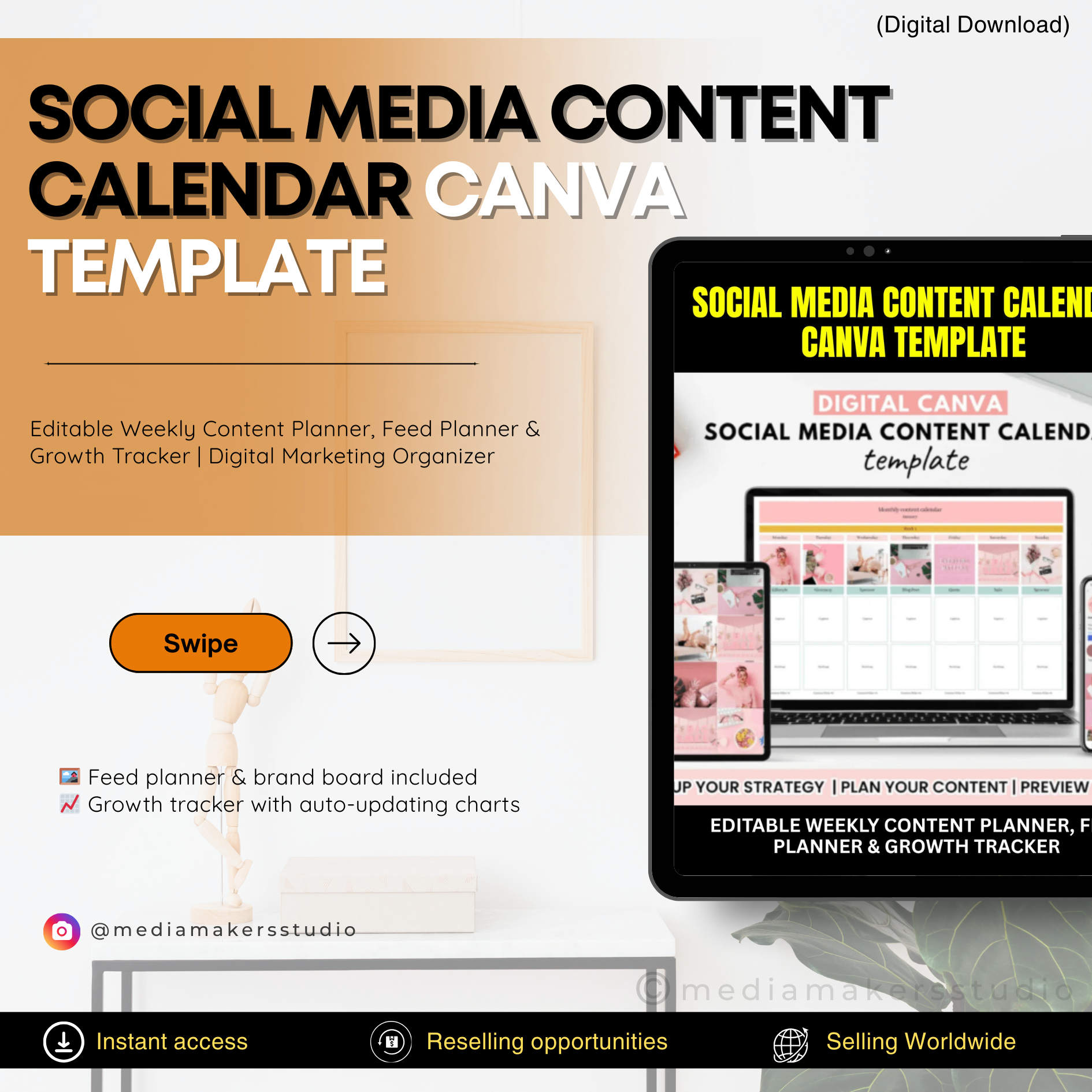 Social Media Content Calendar Canva Template | Editable Weekly Content Planner, Feed Planner & Growth Tracker | Digital Marketing Organizer